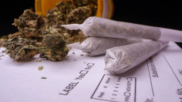 Şişeden tomurcuklar dökülen RX reçete kağıdındaki tıbbi marihuanaya yakından bakın..