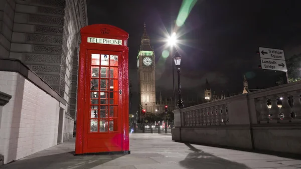View Big Ben Red Telephone Booth London Night – stockfoto