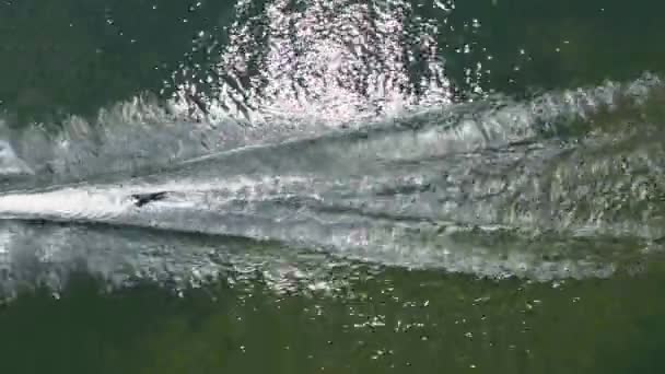 Top Aerial View Person Boogie Board Being Pulled Watercraft Make — ストック動画