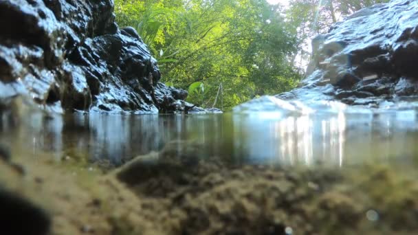 ユタ州の渓流に飛び散る水の滴の上と水中を見る — ストック動画