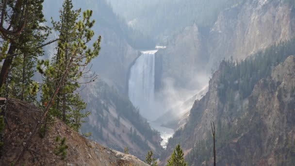 Wodospad Yellowstone Płynący Wielkiego Kanionu Mglisty Dzień Dzikiego Dymu — Wideo stockowe