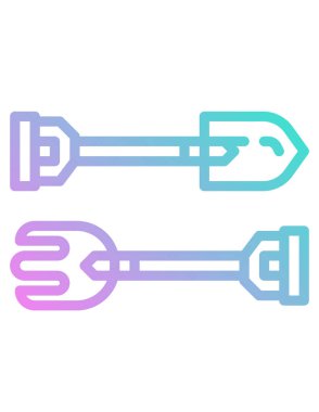 Kürek ve tırmık ikonu. Bahçe malzemeleri ve doğa teması. Yalnız tasarım. vektör illüstrasyonu