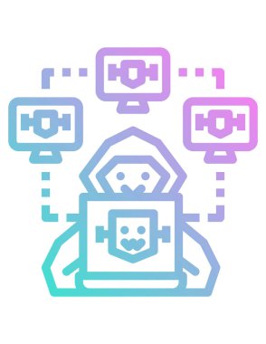 Robot düz vektör simgesi. Biçim, yuvarlak açılı beyaz arkaplan üzerindeki çift renkli mavi ve gri modern semboldür.