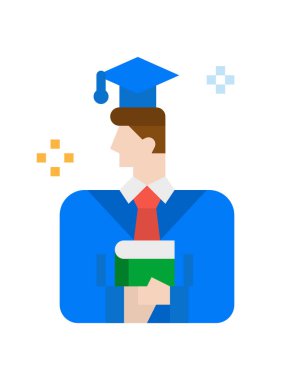 Mavi gömlekli ve tabletli bir adamın vektör çizimi