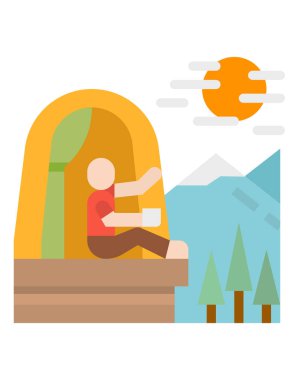 Sırt çantalı bir çadırda dağların arka planında bir adamın vektör çizimi