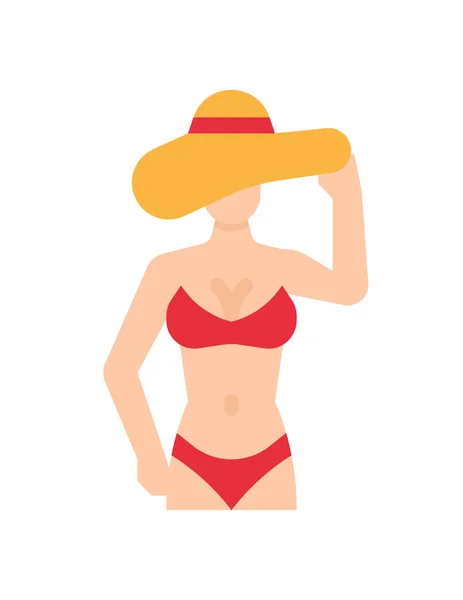 Kvinna Bikini Med Hatt Ikon Tecknad Stil Isolerad Vit Bakgrund — Stock vektor