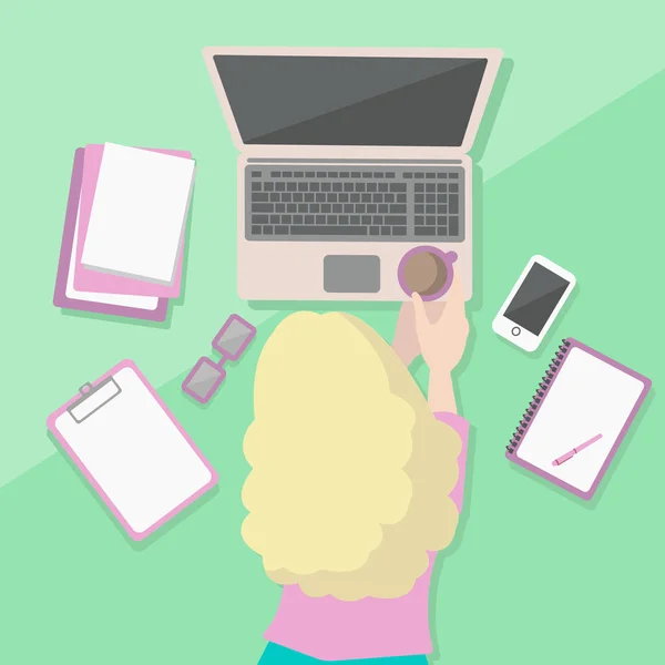 Vektör çizim ile bir dizüstü bilgisayar yalan bir kız. Evde çalışma.