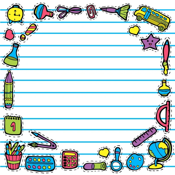 geri okul çıkartmalar, düz okul simgeler, not defterinde geri okul çerçeve çizim için ayarla vektör