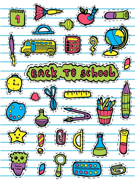 Vektor Set Zurück Schulaufklebern Flachen Schulsymbolen Zeichnung Notizbuch lizenzfreie Stockvektoren