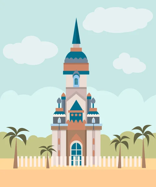 Çölde palmiye ağaçlarıyla çevrili düz bir saray vektör çizim