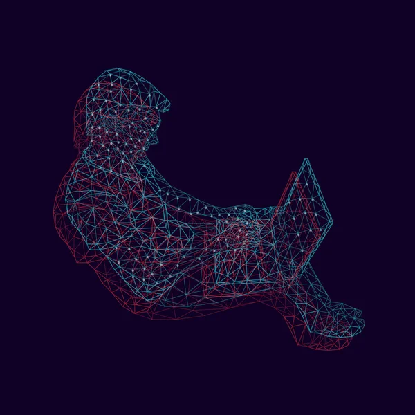 Bir dizüstü bilgisayar ile bir soyut düşük poligon kırmızı ve mavi adam vektör çizim