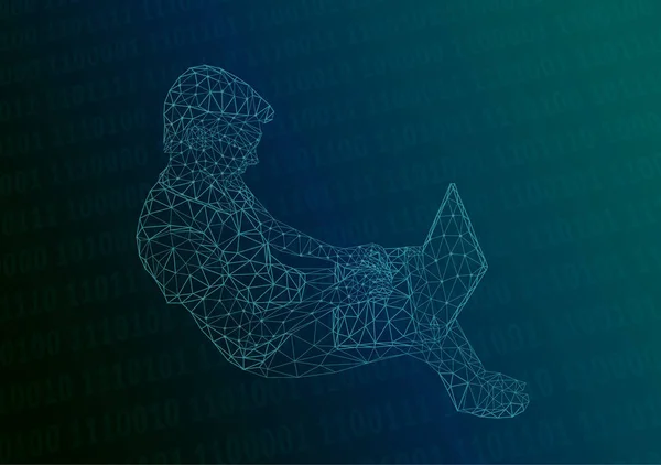 Bir dizüstü bilgisayarda çift değişkenli bir kod ile mavi bir arka plan ile soyut bir düşük poligon adam vektör çizim