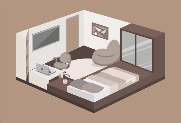 Dormitorio Moderno Con Podio Estilo Isométrico Ilustración Vectorial Plano — Vector de stock