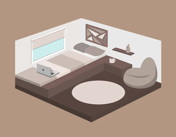 Bir podyum izometrik tarzı modern yatak odası. Düz bir 3d vektör çizim