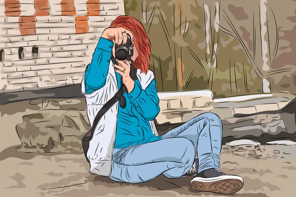 彼女のデジタル カメラを使用して写真を撮る若い女性写真家のベクトル イラスト — ストックベクタ