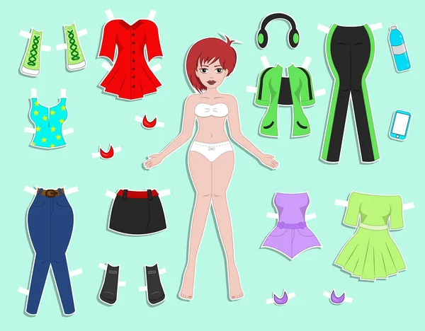 Vektör çizim kağıt bebek yong kıyafetleri ile güzel kız. Vücut şablonu