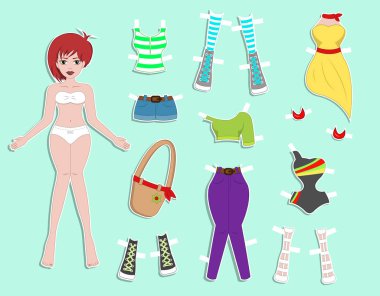 Vektör çizim kağıt bebek yong kıyafetleri ile güzel kız. Vücut şablonu