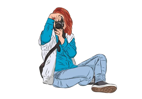 Illustrazione Vettoriale Una Giovane Fotografa Che Scatta Foto Con Sua — Vettoriale Stock