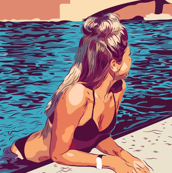 Vector Εικονογράφηση Ενός Κοριτσιού Που Κολυμπά Στην Πισίνα Στο Ηλιοβασίλεμα — Διανυσματικό Αρχείο