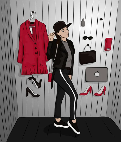 Bir kız ve bir vitrin kıyafetler vektör çizimi