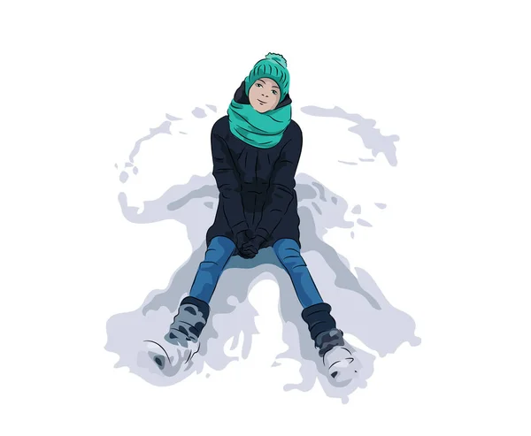 Vektorové Ilustrace Dívka Zimě Sníh Anděl — Stockový vektor