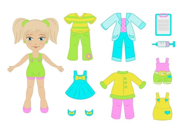 Vector Papier Pop Baby Dokter Haar Outfits — Stockvector