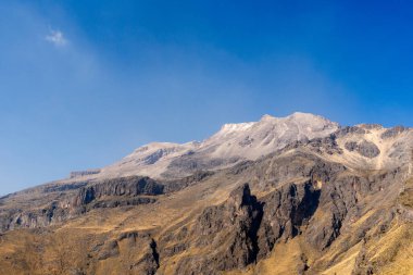 Arka planda açık mavi gökyüzü olan bir dağ sırası. Dağlar kar ve kayalarla kaplı. Iztacihuatl popocatepetl Yanardağ Meksika,