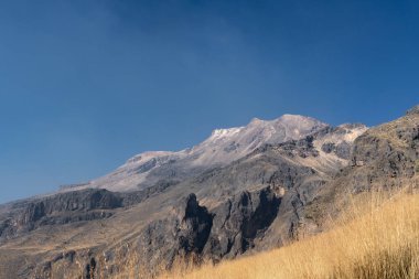 Arka planda açık mavi gökyüzü olan bir dağ sırası. Dağlar karla kaplı ve gökyüzü parlak ve güneşli. Iztacihuatl popocatepetl Yanardağ Meksika,