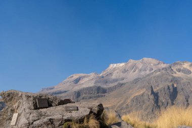 A mountain range with a clear blue sky in the background. The mountain is covered in snow and the sky is clear. Iztacihuatl popocatepetl volcano mexico,