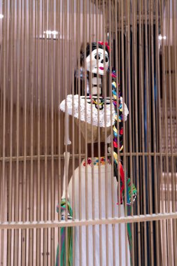 A skeleton dressed in a white dress with a colorful headdress is standing in front of a cage. Day of the Dead celebration in Mexico, papel picado crafts, offerings, La Catrina