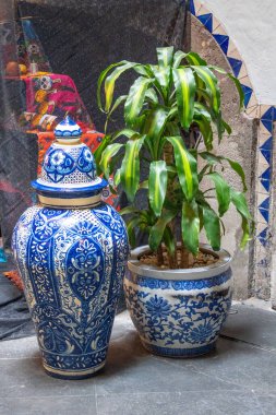 Bir odada iki mavi ve beyaz vazo ve bir yeşil bitki sergileniyor. Vazolar yan yana konur. Meksika 'da Ölüler Günü kutlaması, papel picado el sanatları, adaklar, La Catrina