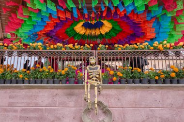 A skeleton is sitting on a ledge next to a colorful display of flowers. The skeleton is surrounded by a rainbow of flowers. Mexico, zacatlan de las manzanas, puebla, day of the dead mexican tradition