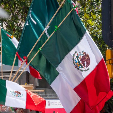 A group of flags with the Mexican flag in the middle. The flags are held up by sticks and are waving in the wind. Decoration to celebrate Independence Day in Mexico, zocalo