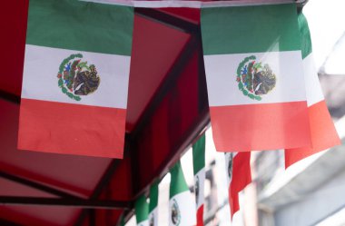 Kırmızı arka planı ve yeşil beyaz çizgileri olan iki bayrak. Bayraklar kırmızı bir tentede sallanıyor. Meksika 'da Bağımsızlık Günü' nü kutlamak için bir madalya, Zocalo.