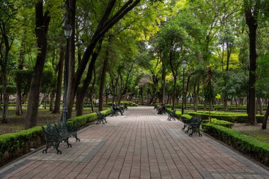 A park with a brick walkway and benches. The walkway is empty and the benches are empty. Historic center of Queretaro City, decorations and traditions to celebrate Mexico's Independence Day, colonial architecture, alleys and facades