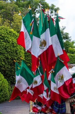 A large group of flags with the word Mexico on them. The flags are hanging from a pole. Historic center of Queretaro City, decorations and traditions to celebrate Mexico's Independence Day, colonial architecture, alleys and facades