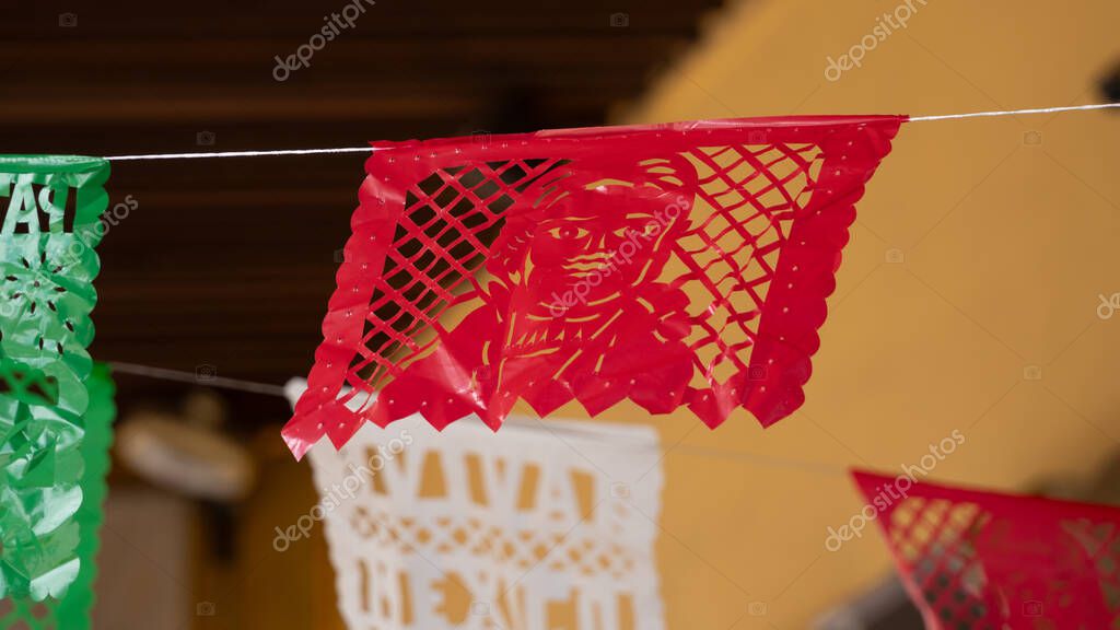 A red and white flag with the word 