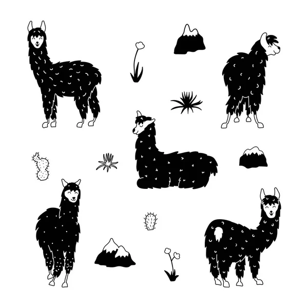 Vector set of llama, plant, flower — Stock Vector