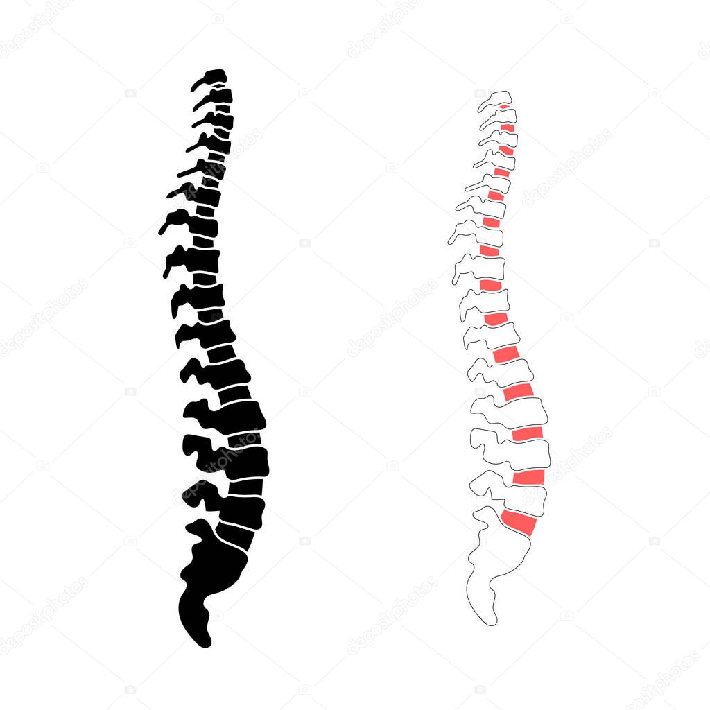 Vector human spine isolated silhouette illustration. Spine pain medical center, clinic, institute, rehabilitation, diagnostic, surgery logo element. Spinal icon symbol design. Concept of scoliosis