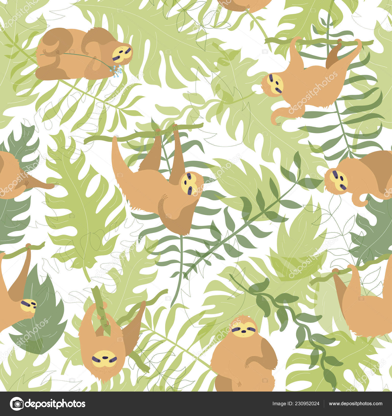Vector Seamless Pattern Illustration Cute Character Sloth Jungle Leaves Isolated Stock Vector Image by ©Pikovit #230952024 Vector Seamless Pattern Illustration Cute Character Sloth Jungle Leaves Isolated Stock Vector Image by ©Pikovit #230952024
