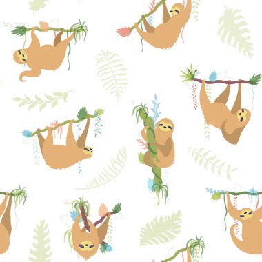 Vector seamless pattern with cute sloth clipart