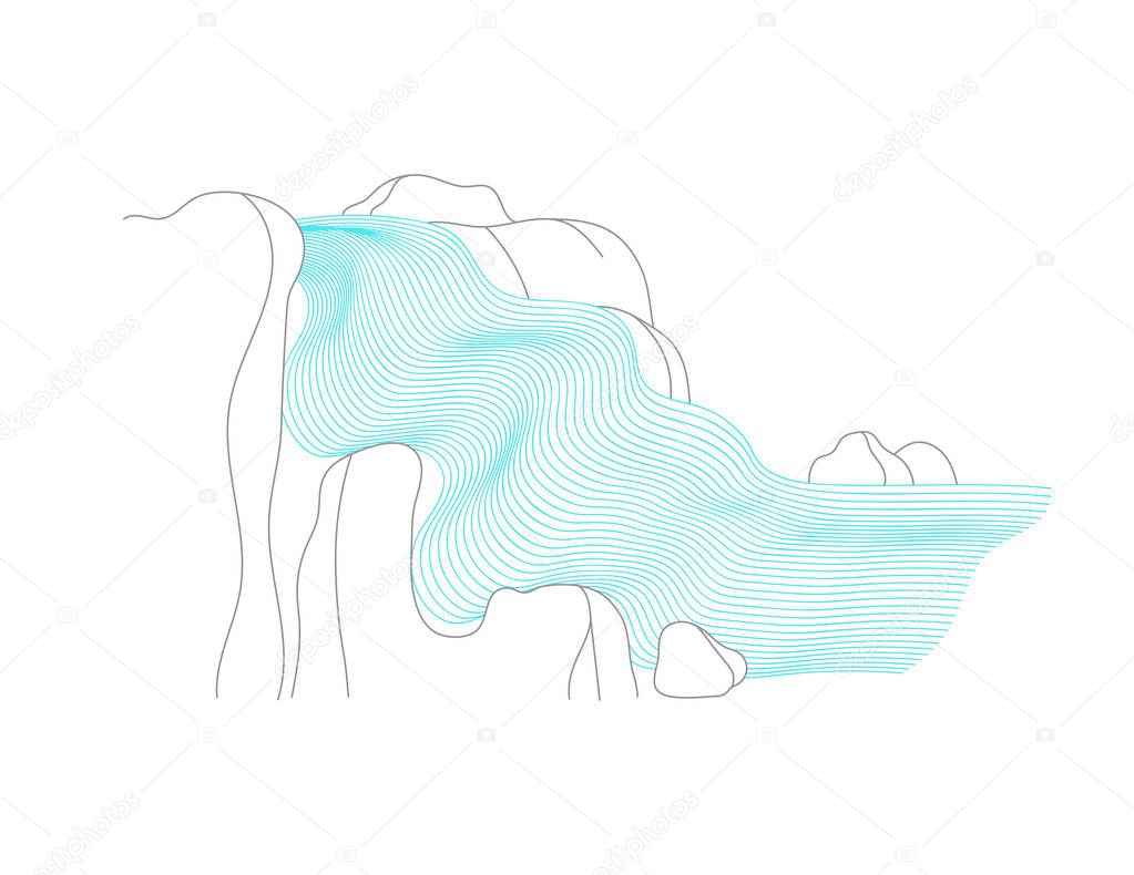 Vector illustration of waterfall cascade. Water stream falling of various shape of mountain rock. Isolated outline hand drawn object. Logo, design element.