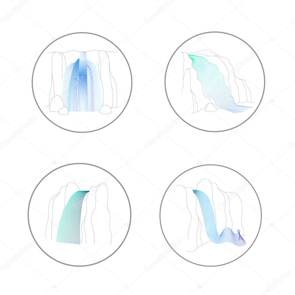 Vector set of illustration of waterfall cascade. Water stream falling of various shape of mountain rock. Isolated outline hand drawn object. Logo, design element.