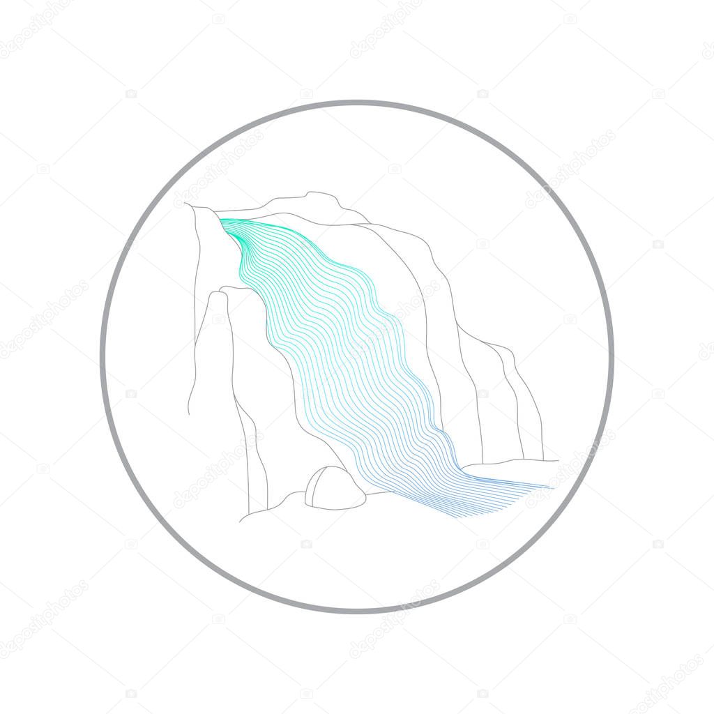 Vector illustration of waterfall cascade. Water stream falling of various shape of mountain rock. Isolated outline hand drawn object. Logo, design element.
