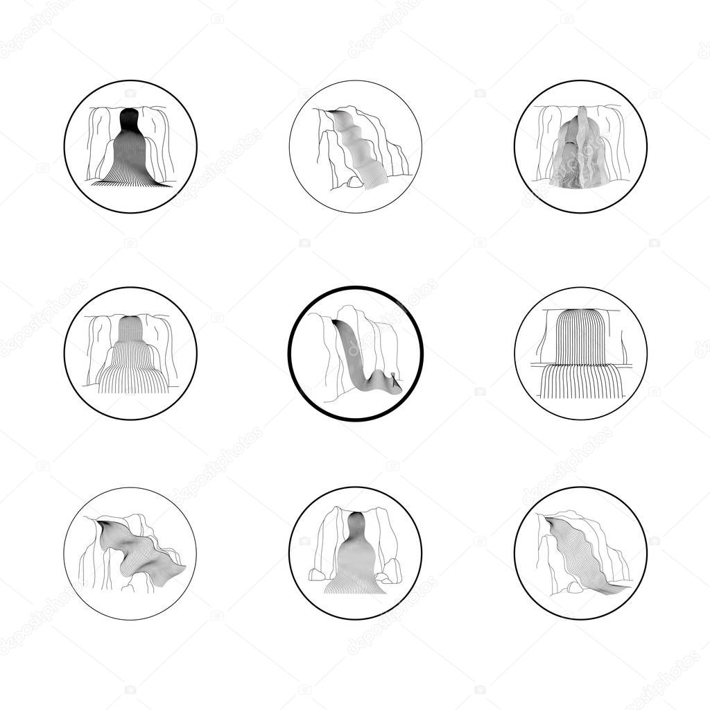 Vector set of illustration of waterfall cascade. Water stream falling of various shape of mountain rock. Isolated outline hand drawn object. Logo, design element.