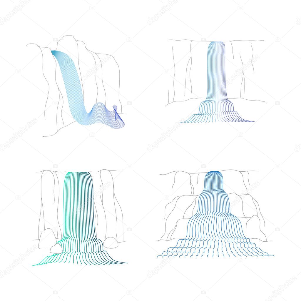 Vector set of illustration of waterfall cascade. Water stream falling of various shape of mountain rock. Isolated outline hand drawn object. Logo, design element.