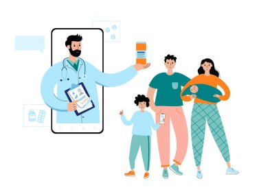 Doktor ya da pediyatrist, mutlu bir aileye akıllı telefondan ilaç verir. Düz vektör çizimi. İnternetteki ev teşhisi konsepti için tıbbi poster. Yetişkin, genç erkek, kadın, çocuk çizgi film karakterleri.