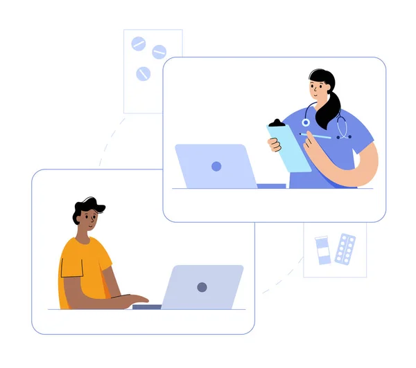 Doktor Konzultuje Šťastného Muže Videokalonem Přes Notebook Plochá Izolovaná Vektorová — Stockový vektor