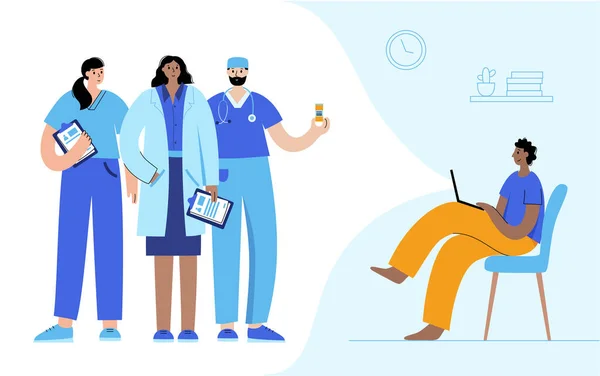 Équipe Médecins Consulte Homme Par Vidéocall Lpaltop Par Internet Illustration — Image vectorielle