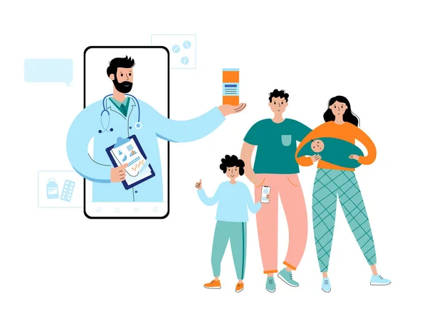 Médecin Pédiatre Donne Des Médicaments Une Famille Heureuse Smartphone Illustration — Image vectorielle